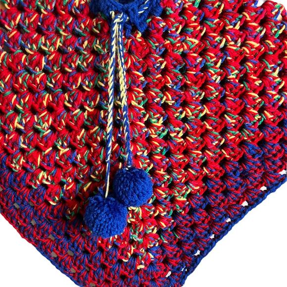 Handmade Vintage Poncho Kids Poncho Cape Drawstring Pom Pom Heavyweight Shawl - Picture 5 of 11